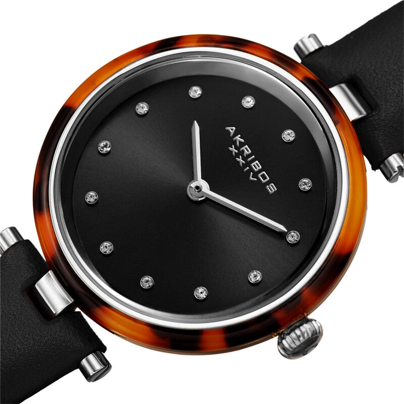 Akribos XXIV Silver Tone Case with Tortoise Shell Bezel, Black Dial and Leather Strap, with Swarovski Crystal Markers