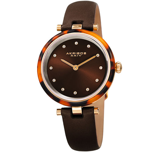Akribos XXIV Ion Plated Gold Tone Case with Tortoise Shell Bezel, Brown Dial and Leather Strap, with Swarovski Crystal Markers