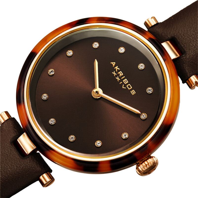 Akribos XXIV Ion Plated Gold Tone Case with Tortoise Shell Bezel, Brown Dial and Leather Strap, with Swarovski Crystal Markers