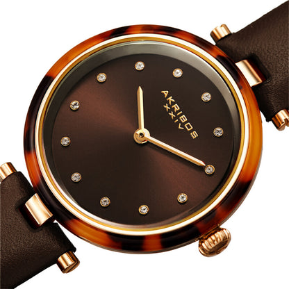 Akribos XXIV Ion Plated Gold Tone Case with Tortoise Shell Bezel, Brown Dial and Leather Strap, with Swarovski Crystal Markers