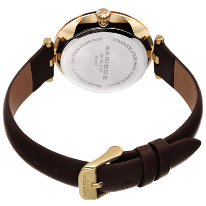 Akribos XXIV Ion Plated Gold Tone Case with Tortoise Shell Bezel, Brown Dial and Leather Strap, with Swarovski Crystal Markers