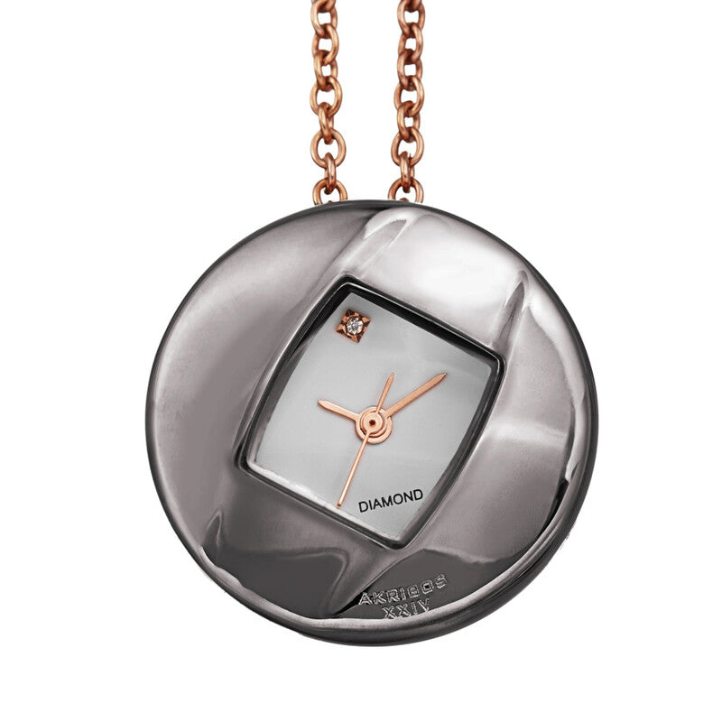 Akribos XXIV Ion Plated Gun Tone Diamond Pendant Watch with 79cm Long Rose Gold Plated Chain Necklace and Rose Gold Accents