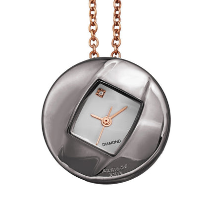 Akribos XXIV Ion Plated Gun Tone Diamond Pendant Watch with 79cm Long Rose Gold Plated Chain Necklace and Rose Gold Accents