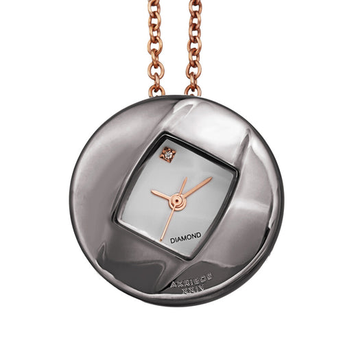 Akribos XXIV Ion Plated Gun Tone Diamond Pendant Watch with 79cm Long Rose Gold Plated Chain Necklace and Rose Gold Accents
