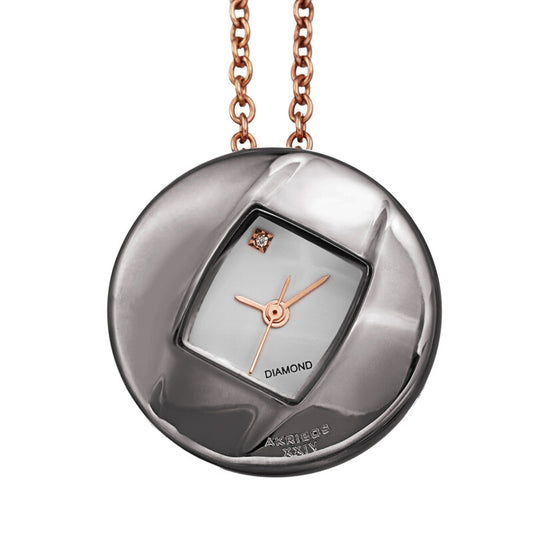 Akribos XXIV Ion Plated Gun Tone Diamond Pendant Watch with 79cm Long Rose Gold Plated Chain Necklace and Rose Gold Accents