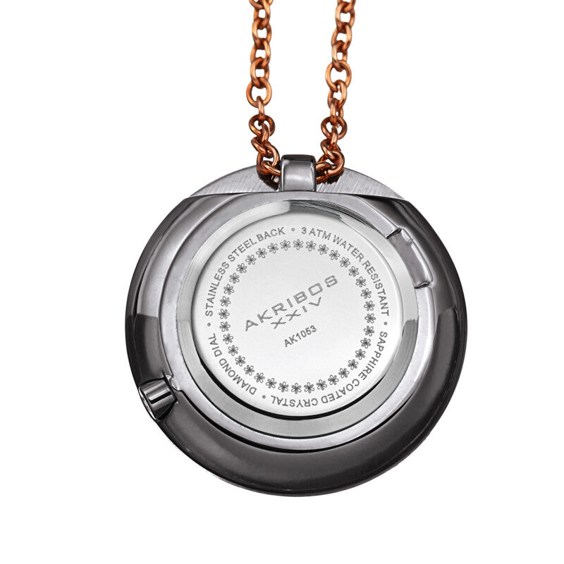 Akribos XXIV Ion Plated Gun Tone Diamond Pendant Watch with 79cm Long Rose Gold Plated Chain Necklace and Rose Gold Accents