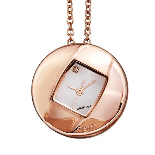 Akribos XXIV Ion Plated Rose Gold Tone Diamond Pendant Watch with 79cm Long Stainless Steel Rose Gold Plated Chain Necklace