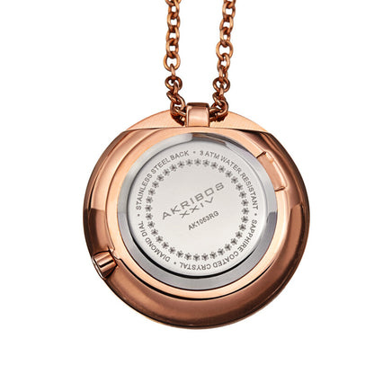 Akribos XXIV Ion Plated Rose Gold Tone Diamond Pendant Watch with 79cm Long Stainless Steel Rose Gold Plated Chain Necklace
