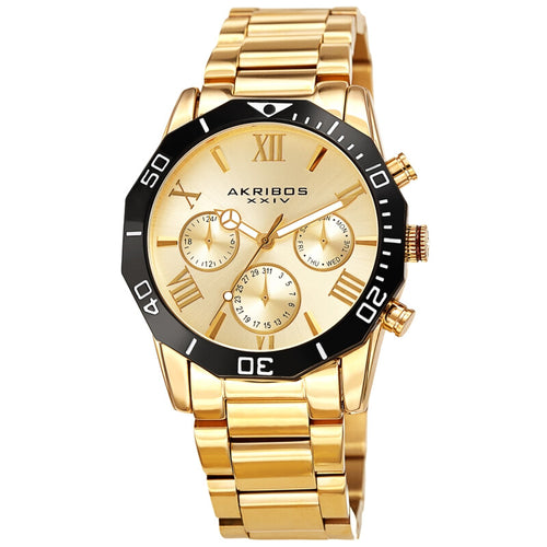 Akribos XXIV Ion Plated Gold Tone Watch with Black Bezel, Gold Tone Band and Gold Dial