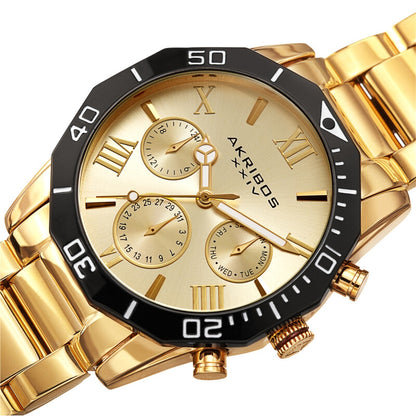 Akribos XXIV Ion Plated Gold Tone Watch with Black Bezel, Gold Tone Band and Gold Dial