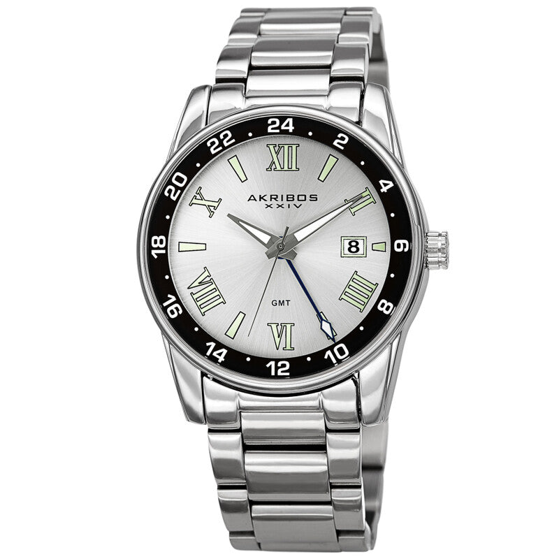 Akribos XXIV Ion Plated Silver Tone Case and Band with a Black Bezel Under Crystal, Silver Dial