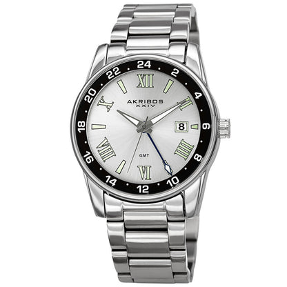 Akribos XXIV Ion Plated Silver Tone Case and Band with a Black Bezel Under Crystal, Silver Dial