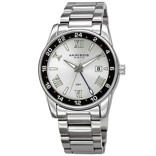 Akribos XXIV Ion Plated Silver Tone Case and Band with a Black Bezel Under Crystal, Silver Dial