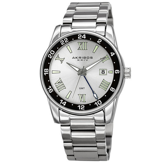 Akribos XXIV Ion Plated Silver Tone Case and Band with a Black Bezel Under Crystal, Silver Dial