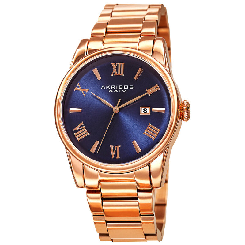 Akribos XXIV Ion Plated Rose Gold Tone Case and Rose Gold Tone Band with a Blue Curved Edge Vintage Dial