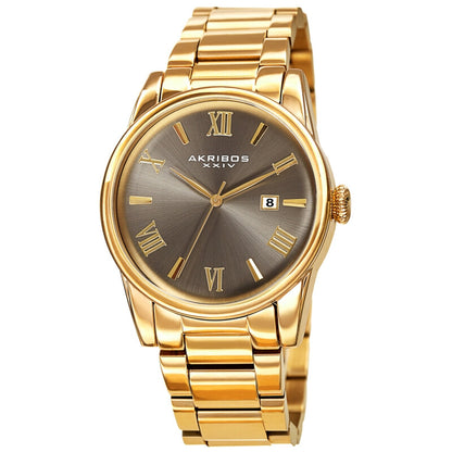 Akribos XXIV Ion Plated Gold Tone Case and Gold Tone Band with a Grey Curved Edge Vintage Dial