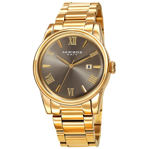 Akribos XXIV Ion Plated Gold Tone Case and Gold Tone Band with a Grey Curved Edge Vintage Dial