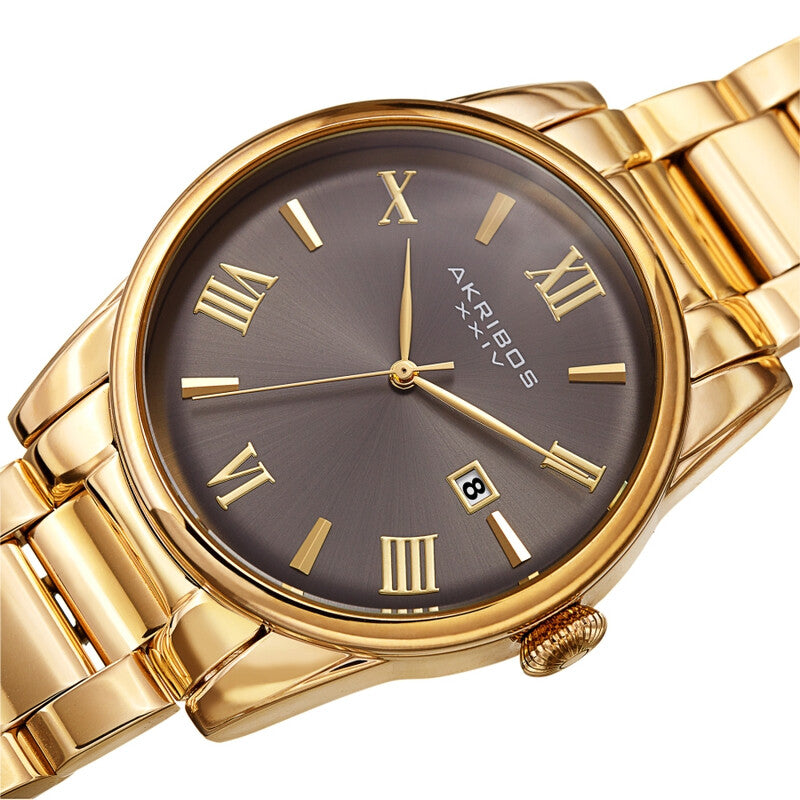 Akribos XXIV Ion Plated Gold Tone Case and Gold Tone Band with a Grey Curved Edge Vintage Dial
