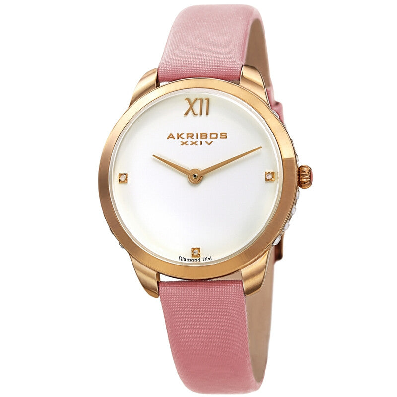 Akribos XXIV Gold Tone Case on Pink Satin Strap, with a White Dial and Gold Hands, with Square Swarovski Crystals on the Case Side