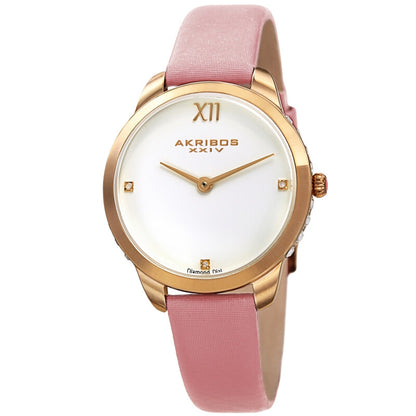 Akribos XXIV Gold Tone Case on Pink Satin Strap, with a White Dial and Gold Hands, with Square Swarovski Crystals on the Case Side