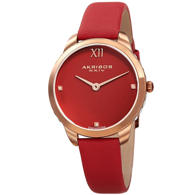 Akribos XXIV Rose Gold Tone Case on Red Satin Strap, with a Red Dial and Rose Gold Hands, with Square Swarovski Crystals on the Case Side