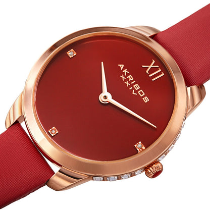 Akribos XXIV Rose Gold Tone Case on Red Satin Strap, with a Red Dial and Rose Gold Hands, with Square Swarovski Crystals on the Case Side
