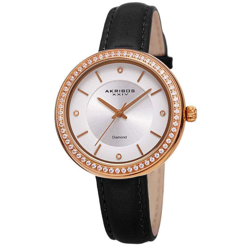 Akribos XXIV Rose Gold Tone Ion Plated Case on Black Leather Strap, Silver Dial with Rose Gold Tone Hands
