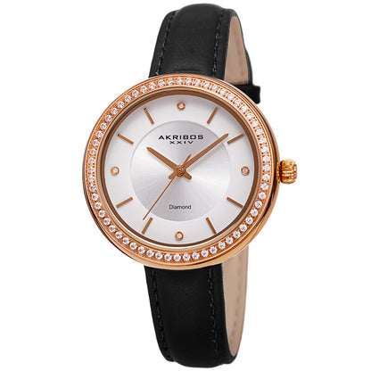 Akribos XXIV Rose Gold Tone Ion Plated Case on Black Leather Strap, Silver Dial with Rose Gold Tone Hands