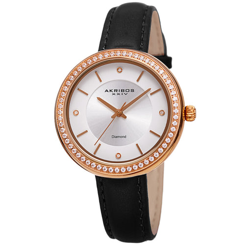 Akribos XXIV Rose Gold Tone Ion Plated Case on Black Leather Strap, Silver Dial with Rose Gold Tone Hands