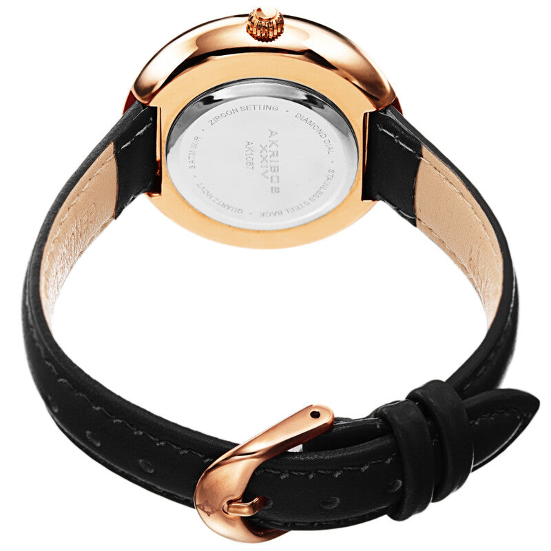 Akribos XXIV Rose Gold Tone Ion Plated Case on Black Leather Strap, Silver Dial with Rose Gold Tone Hands