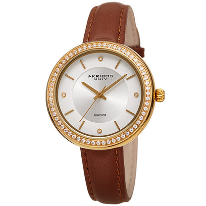 Akribos XXIV Gold Tone Ion Plated Case on Tan Brown Leather Strap, White Dial with Gold Tone Hands