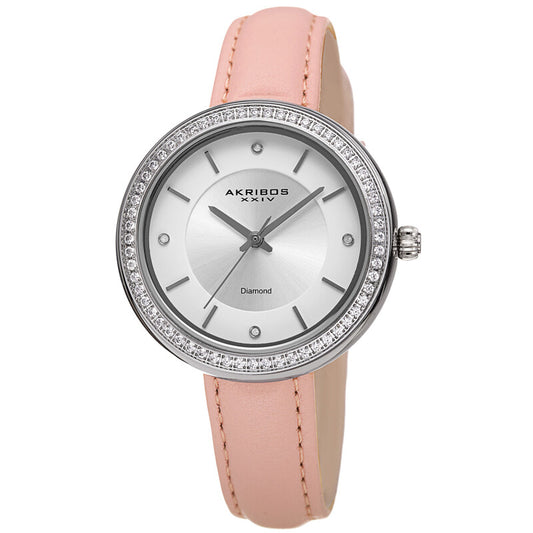 Akribos XXIV Silver Tone Case on Pink Leather Strap, White Dial with Silver Tone Hands