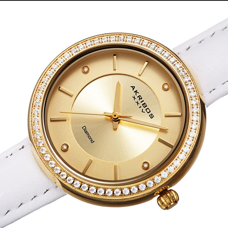 Akribos XXIV Gold Tone Case on White Leather Strap, Gold Dial with Gold Tone Hands