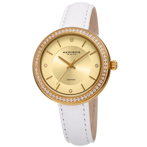 Akribos XXIV Gold Tone Case on White Leather Strap, Gold Dial with Gold Tone Hands