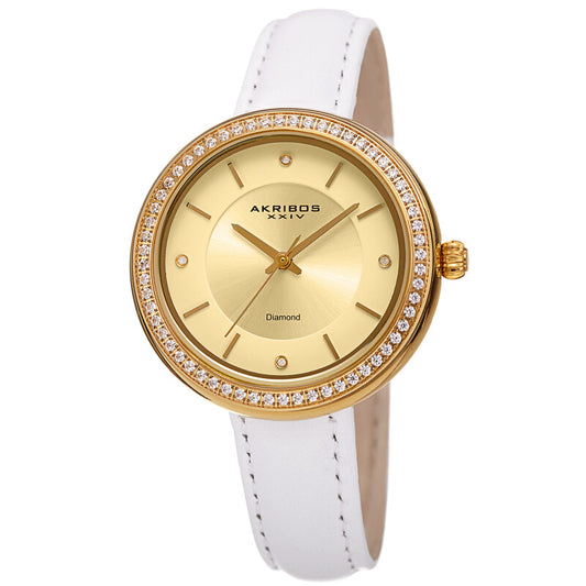 Akribos XXIV Gold Tone Case on White Leather Strap, Gold Dial with Gold Tone Hands