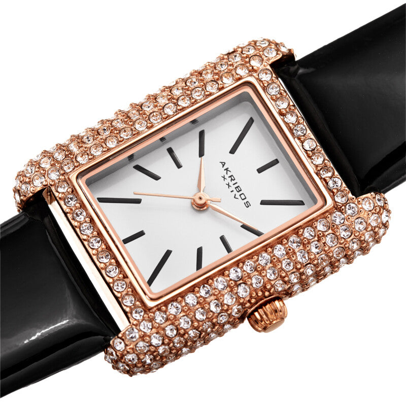 Akribos XXIV Swarovski Crystal Studded Ion Plated Rose Gold Tank-Shaped Case, Black Patent Leather Strap, White Dial and Black Matte Applied Markers