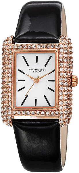 Akribos XXIV Swarovski Crystal Studded Ion Plated Rose Gold Tank-Shaped Case, Black Patent Leather Strap, White Dial and Black Matte Applied Markers