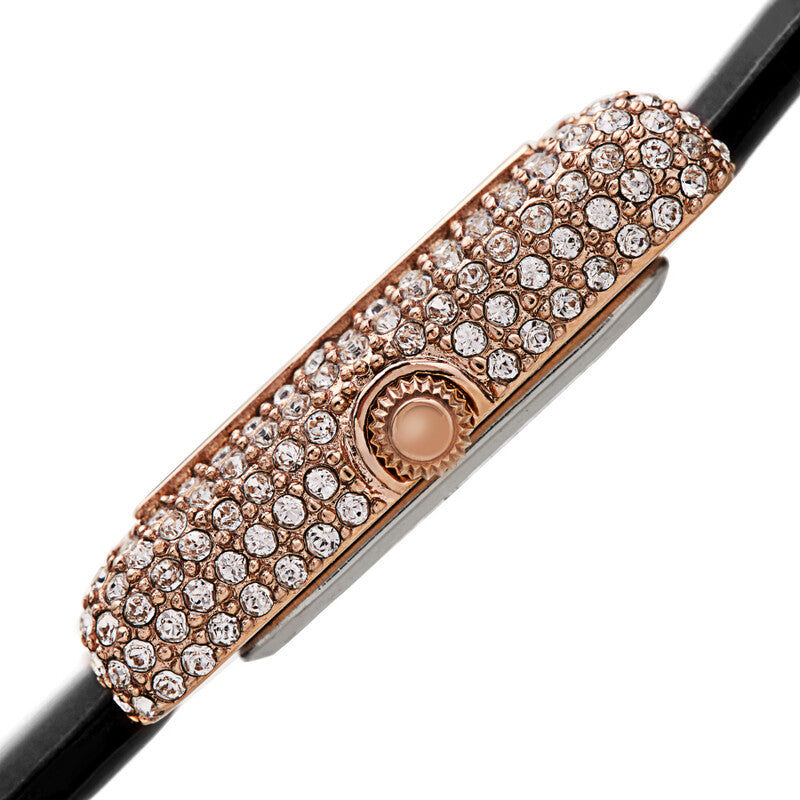 Akribos XXIV Swarovski Crystal Studded Ion Plated Rose Gold Tank-Shaped Case, Black Patent Leather Strap, White Dial and Black Matte Applied Markers