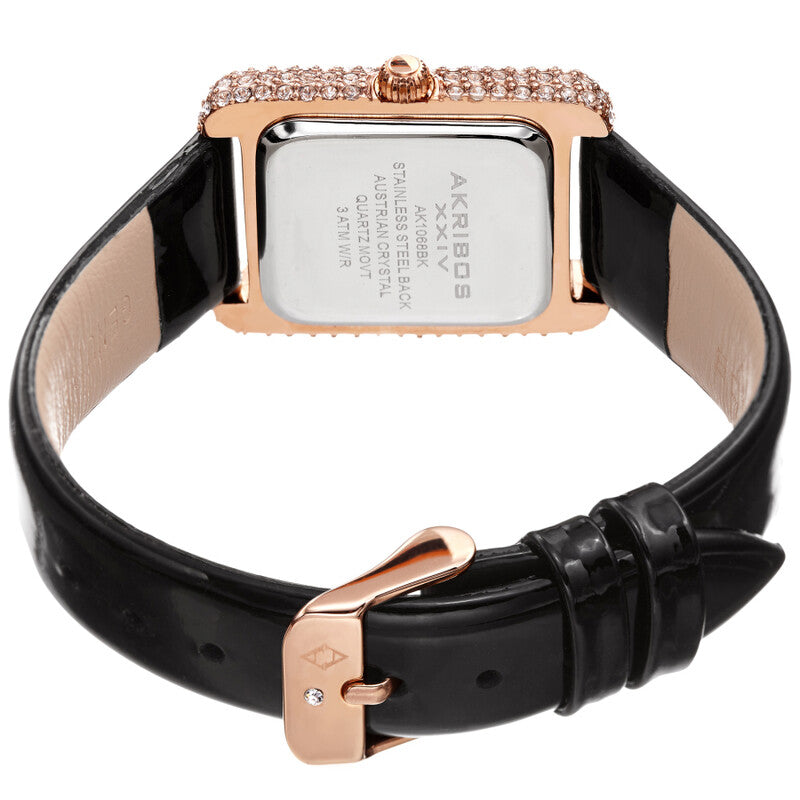 Akribos XXIV Swarovski Crystal Studded Ion Plated Rose Gold Tank-Shaped Case, Black Patent Leather Strap, White Dial and Black Matte Applied Markers