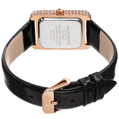 Akribos XXIV Swarovski Crystal Studded Ion Plated Rose Gold Tank-Shaped Case, Black Patent Leather Strap, White Dial and Black Matte Applied Markers