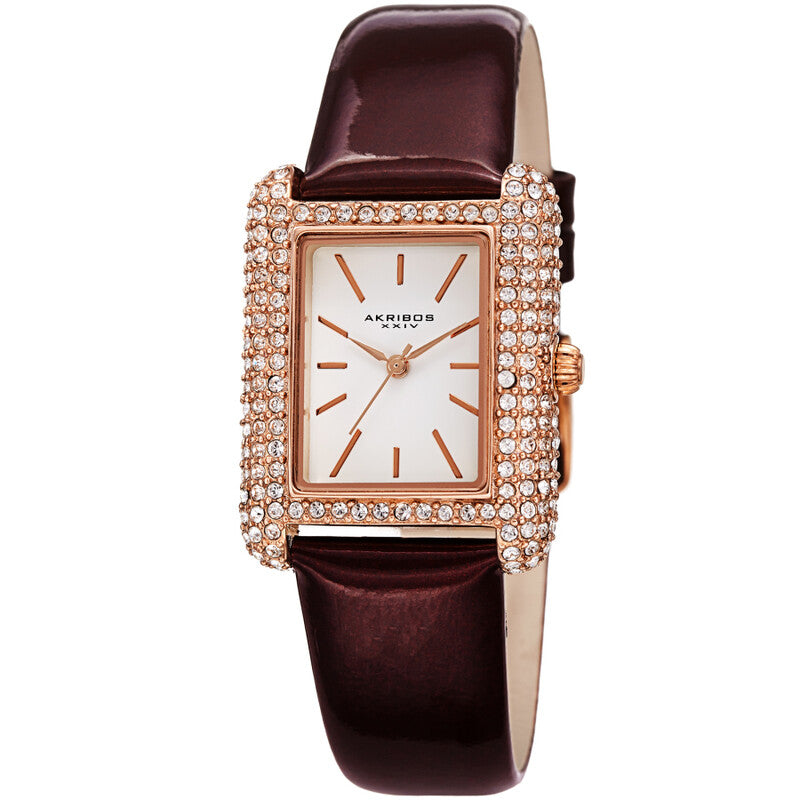 Akribos XXIV Swarovski Crystal Studded Rose Gold Tone Tank-Shaped Case, Brown Patent Leather Strap, White Dial and Rose Gold Tone Applied Markers