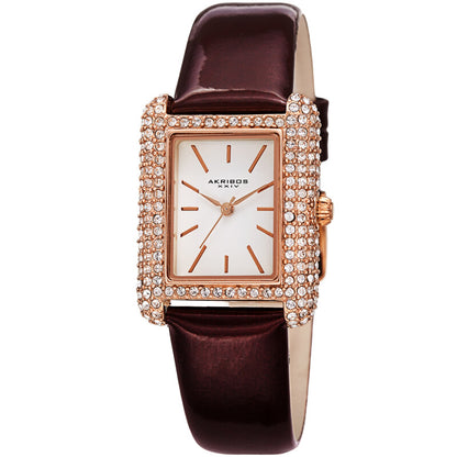 Akribos XXIV Swarovski Crystal Studded Rose Gold Tone Tank-Shaped Case, Brown Patent Leather Strap, White Dial and Rose Gold Tone Applied Markers