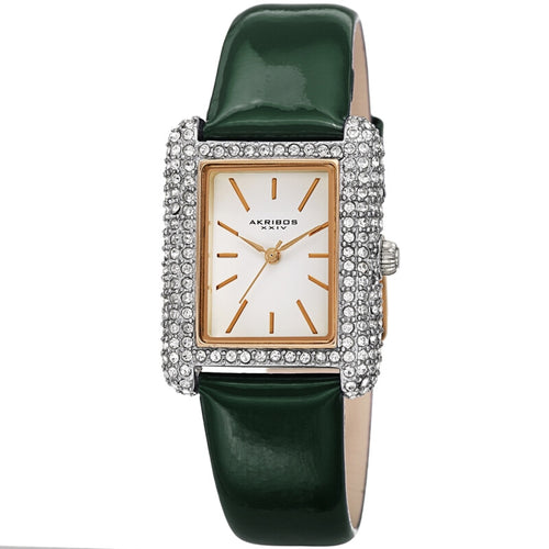 Akribos XXIV Swarovski Crystal Studded Silver Tone Tank-Shaped Case, Green Patent Leather Strap, White Dial and Gold Tone Applied Markers
