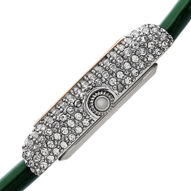 Akribos XXIV Swarovski Crystal Studded Silver Tone Tank-Shaped Case, Green Patent Leather Strap, White Dial and Gold Tone Applied Markers
