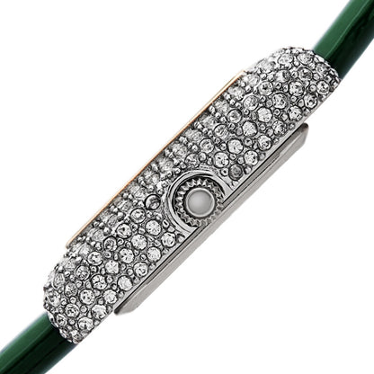 Akribos XXIV Swarovski Crystal Studded Silver Tone Tank-Shaped Case, Green Patent Leather Strap, White Dial and Gold Tone Applied Markers