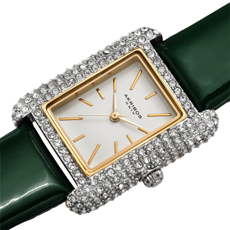 Akribos XXIV Swarovski Crystal Studded Silver Tone Tank-Shaped Case, Green Patent Leather Strap, White Dial and Gold Tone Applied Markers
