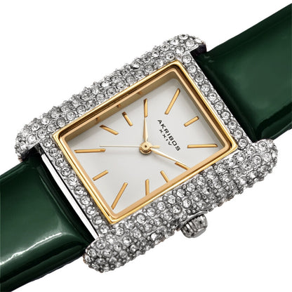 Akribos XXIV Swarovski Crystal Studded Silver Tone Tank-Shaped Case, Green Patent Leather Strap, White Dial and Gold Tone Applied Markers