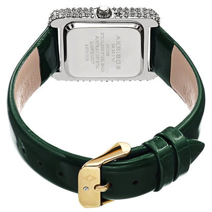 Akribos XXIV Swarovski Crystal Studded Silver Tone Tank-Shaped Case, Green Patent Leather Strap, White Dial and Gold Tone Applied Markers