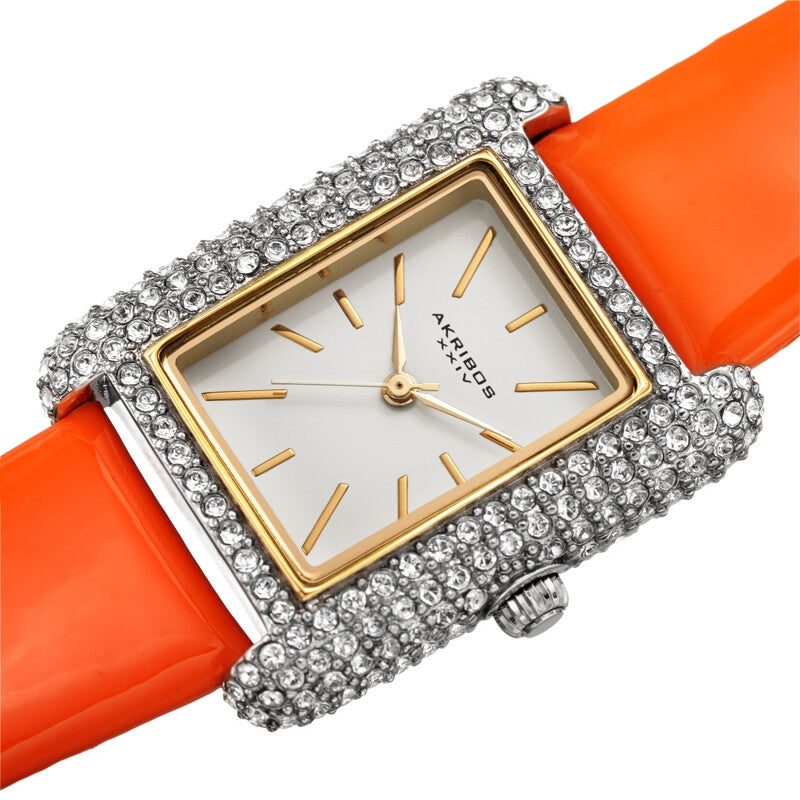 Akribos XXIV Swarovski Crystal Studded Silver Tone Tank-Shaped Case, Orange Patent Leather Strap, Silver Dial and Gold Tone Applied Markers