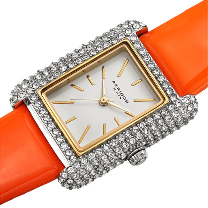 Akribos XXIV Swarovski Crystal Studded Silver Tone Tank-Shaped Case, Orange Patent Leather Strap, Silver Dial and Gold Tone Applied Markers